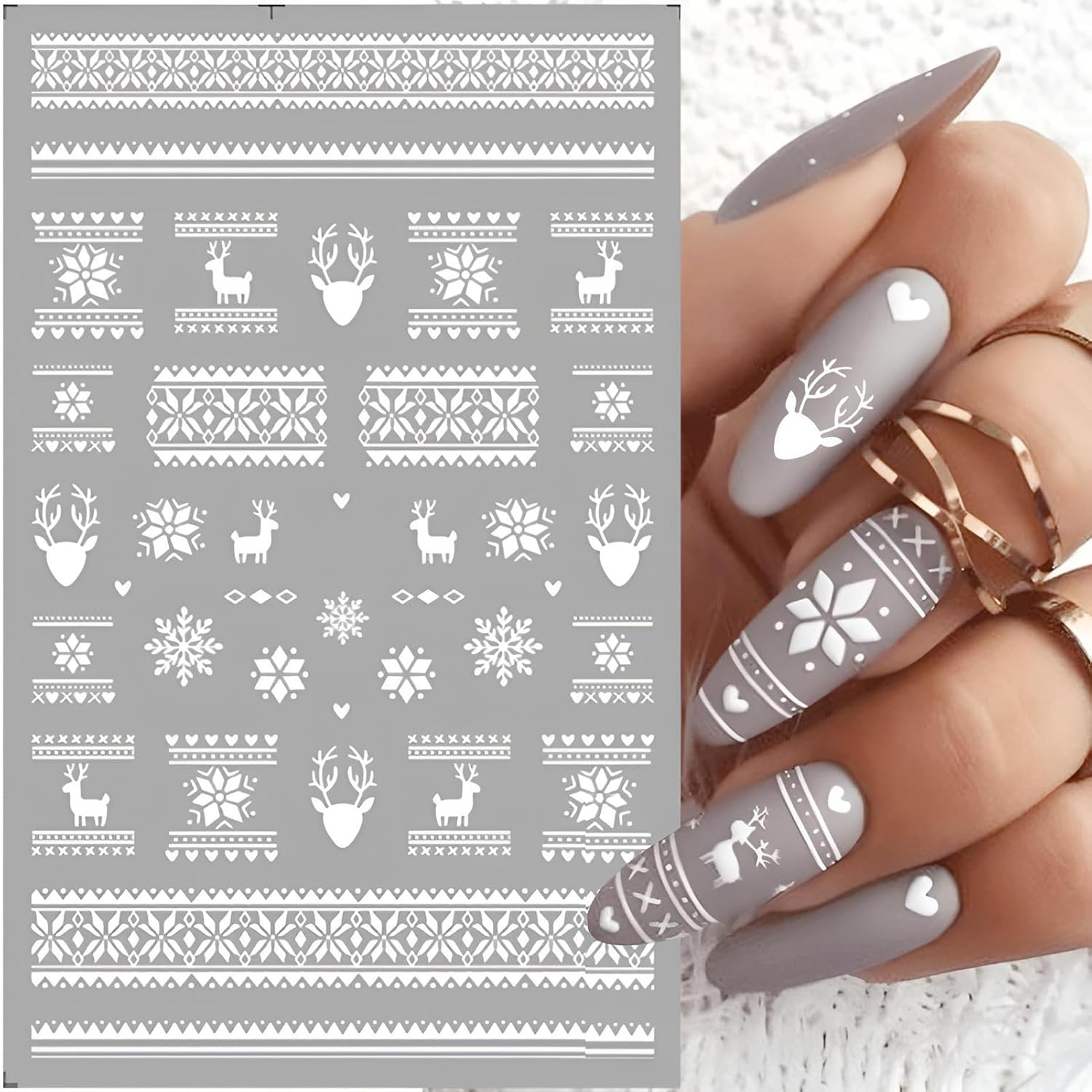 9 Sheets Christmas Snowflake Nail Art Stickers, Winter Romance Nail Decals, White Reindeer 3D Self-Adhesive Nail Sticker, Holiday DIY Manicure Decoration Supplies Accessories for Women Girls