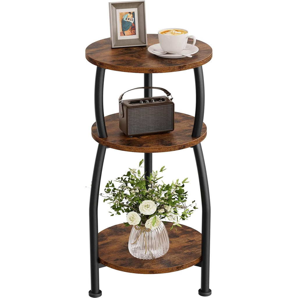 Small Round Side Table For Small Spaces, 3-Tier End Table With Storage Shelf, Slim Night Stand Sofa Corner Table For Living Room Bedroom, Patio And Corner, Rustic Brown
