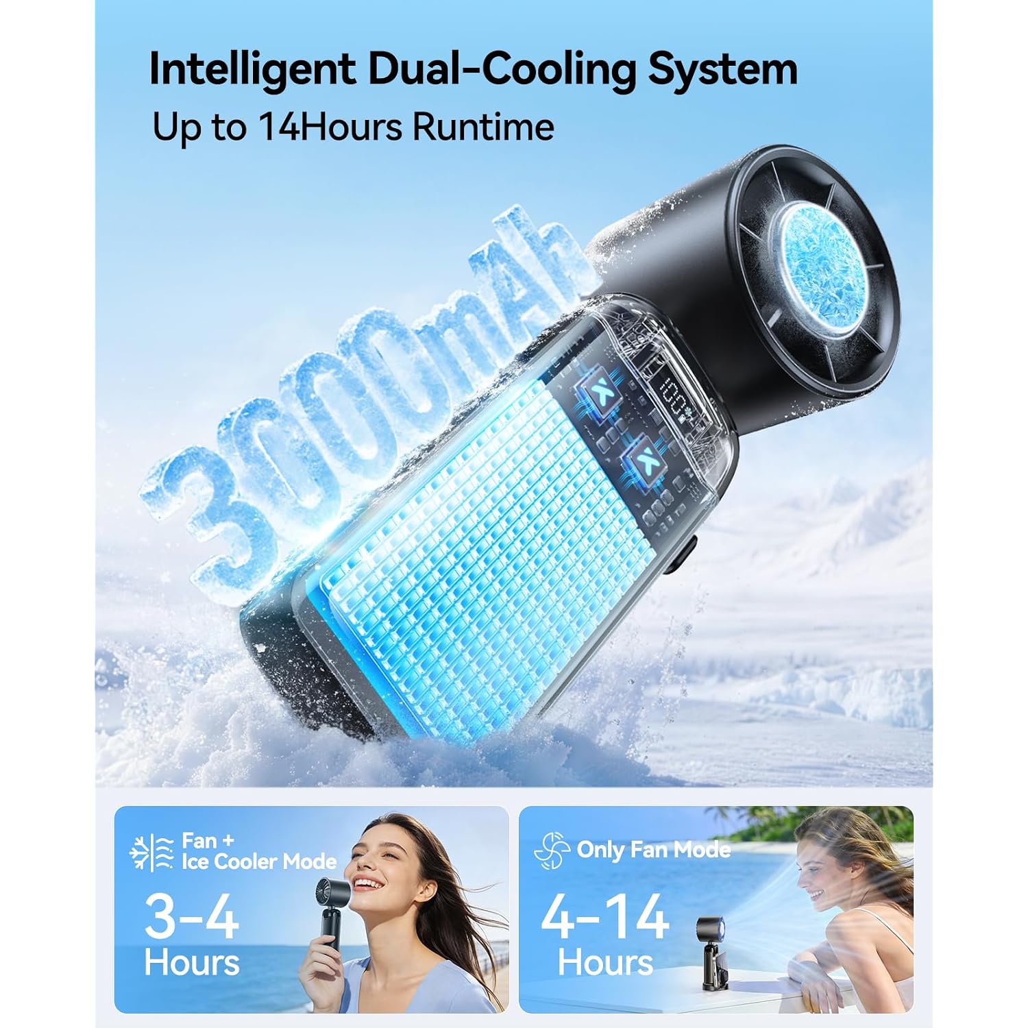 Handheld Portable Turbo Fan With Ice Cooler, Powerful 21000 Rpm, Speed (1-199), Up To 14Hrs Cooling, Rechargeable Personal Fan, Small Pocket Hand Fans For Travel/Outdoor/Home/Office (Black)