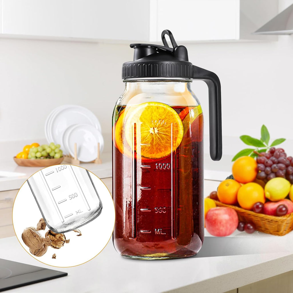 64oz Glass Pitcher with Lid, 2 Quart Mason Jar Pitchers with Lid and Spout, Wide Mouth Breast Milk Pitcher Glass Jug Sun Tea Pitchers, Cold Brew Coffee pitcher, Fridge Container for Water, Juice, Tea