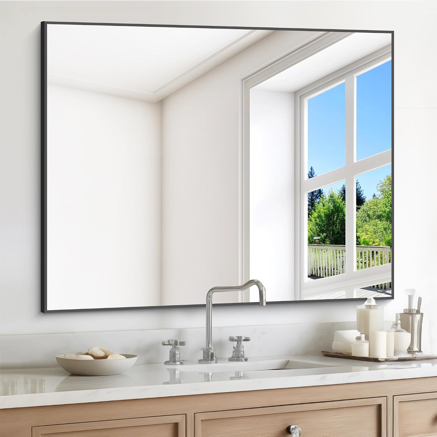 Black Bathroom Mirror For Wall, 30X36 Inch Rectangle Mirrors With Metal Frame, Modern Vanity Wall Mirror Decor For Entryway Hangs, Bathroom Living Room Horizontal Or Vertical