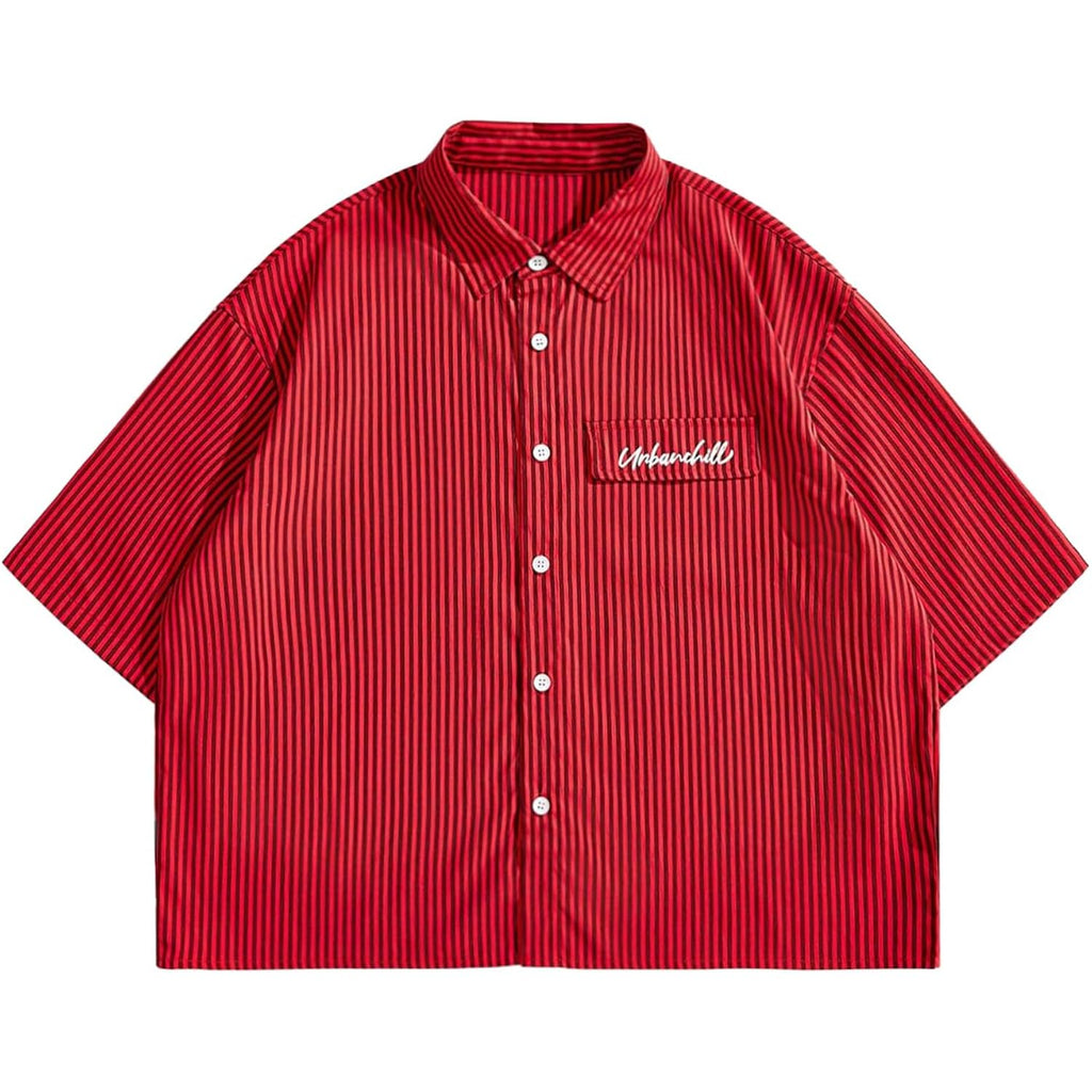 Gorglitter Men'S Striped Button Down Up Cropped T Shirt Short Sleeve Letter Summer Vacation Shirts Boxy Tees Streetwear