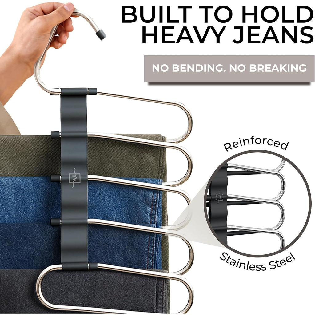 Pants Hangers Space Saving - 2 Pack - Non-Slip Multi-Layer Space Saving Hangers - Multifunctional Clothing Rack For Closet Storage - Ideal For Jeans, Trousers, Skirts, Scarves & Slacks (Black)