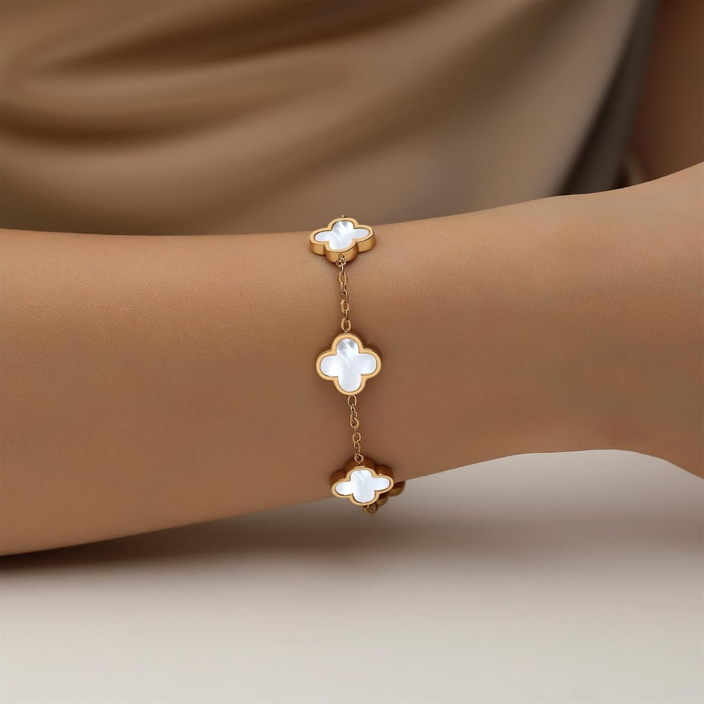 18K Gold Plated Clover Bracelet Set for Women White/Black/Gold/Silver/Green/Pink Adjustable Link Double-Sided Lucky Bracelets Trendy Bracelets Set Jewelry Gifts for Women Men
