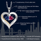 Gem Stone King 2-Heart Couple Name Engraved Pendant Necklace For Women | 925 Sterling Silver and 10K Yellow Gold | Customized and Personalized | Gemstone Birthstone and Lab Grown Diamond | 18 Inch