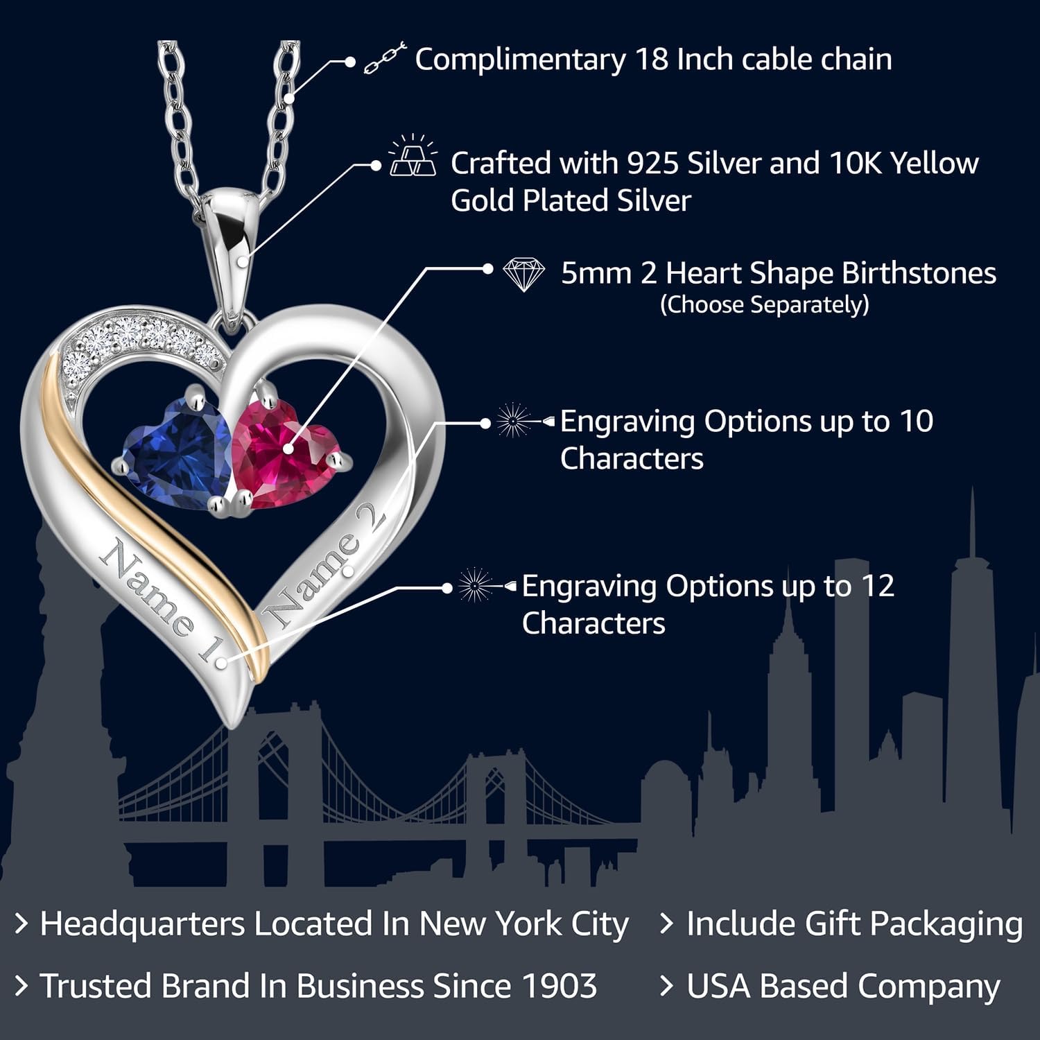 Gem Stone King 2-Heart Couple Name Engraved Pendant Necklace For Women | 925 Sterling Silver and 10K Yellow Gold | Customized and Personalized | Gemstone Birthstone and Lab Grown Diamond | 18 Inch