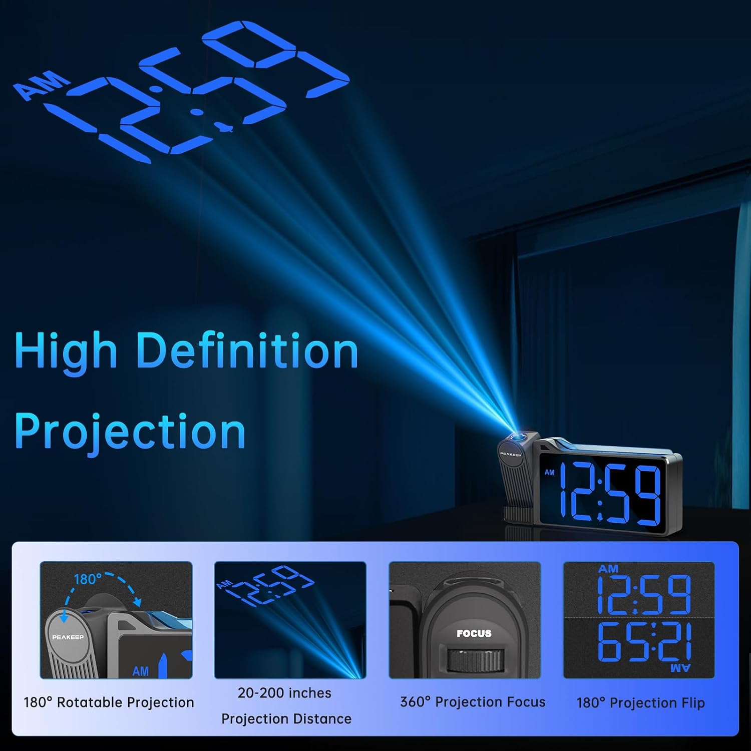 Peakeep Projection Alarm Clock For Bedroom Ceiling With Colorful Nightlight | 180° Rotatable Projector, 5 Brightness Dimmable, Electric Large Number Led Digital Clock With Usb Port Charger For Bedside