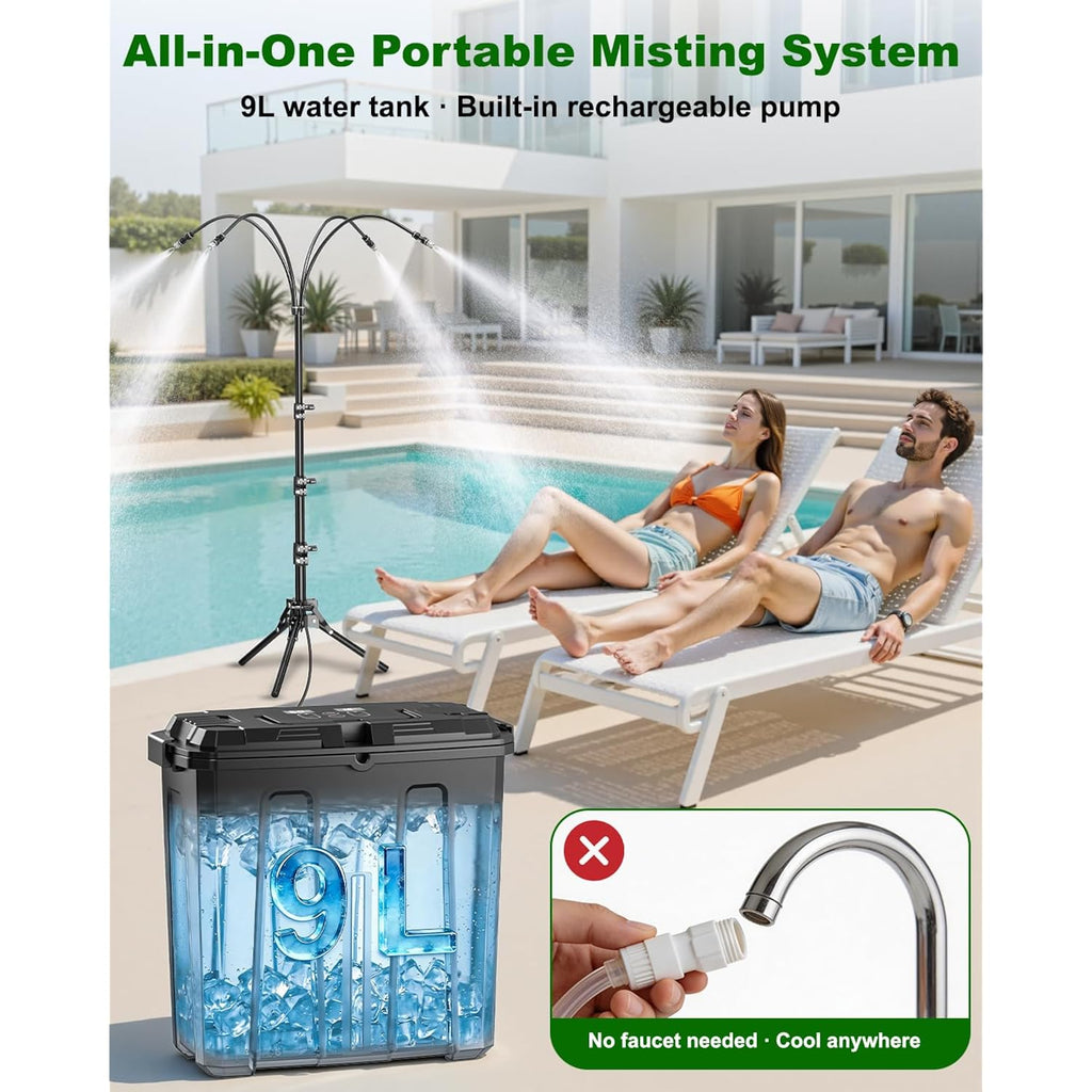 Portable Misting System With Stand, Water Cooling Misters Set For Outside Patio - 9L Bucket Built-In 10000Mah Battery & Pcs Pump & Timer For Outdoor, Canopy, Sport, Golf, Beach, Greenhouse, Camp