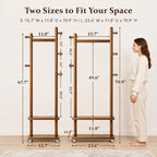 Solid Wood Coat Rack Freestanding Clothing Rack With Wheels & 2 Shelves Storage & 5 Hooks Heavy Duty Clothes Rack Wood Coat Tree Stand Hat Hanger Rack For Corner Bedroom Entryway Living Room Hotel