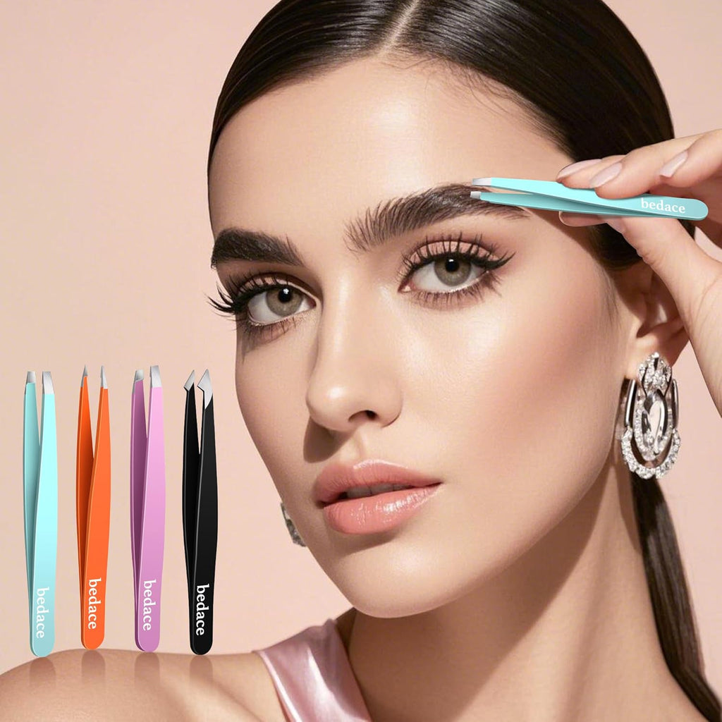 BEDACE Tweezers for Women and Men Facial Hair,Thickened 430 Stainless Steel High Precision and Comfort Slant point Flat Hook tweezer for Eyebrows Ingrown Hair