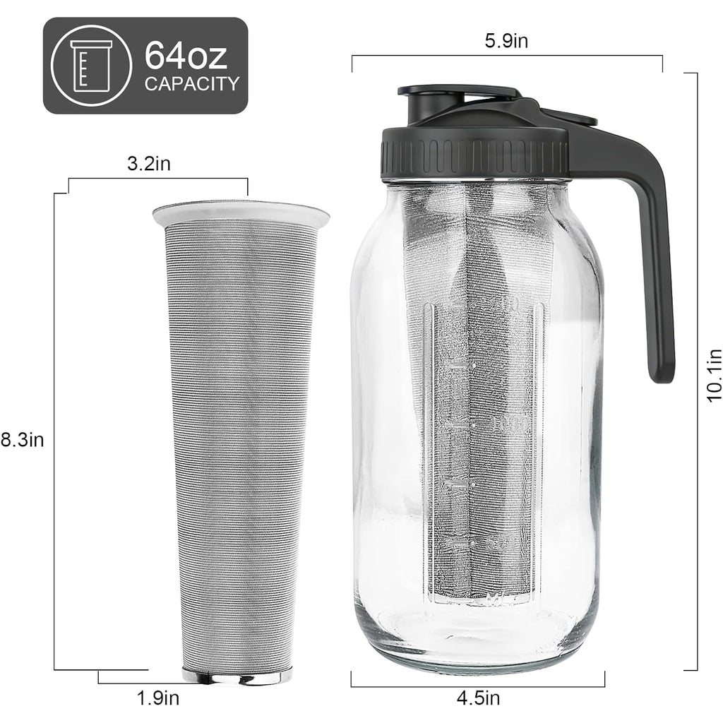 Cold Brew Coffee Maker,64 oz Mason Jar Pitcher with Stainless Steel Filter, Pour Spout Handle Lid, Heavy Duty Glass Airtight & Leak-Proof for Iced Coffee,Tea & Lemonade
