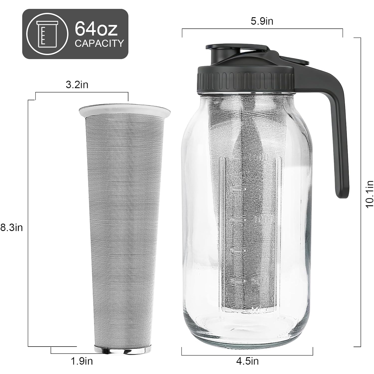 Cold Brew Coffee Maker,64 oz Mason Jar Pitcher with Stainless Steel Filter, Pour Spout Handle Lid, Heavy Duty Glass Airtight & Leak-Proof for Iced Coffee,Tea & Lemonade