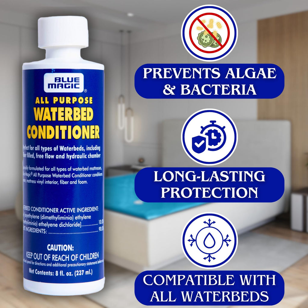 Blue Magic Waterbed Conditioner, 8 Oz Bottle, Protects Vinyl & Extends Life | Keeps Water Fresh, Protects Vinyl, Reduces Odors, And Helps Extend The Life Of Hardside And Softside Waterbeds.