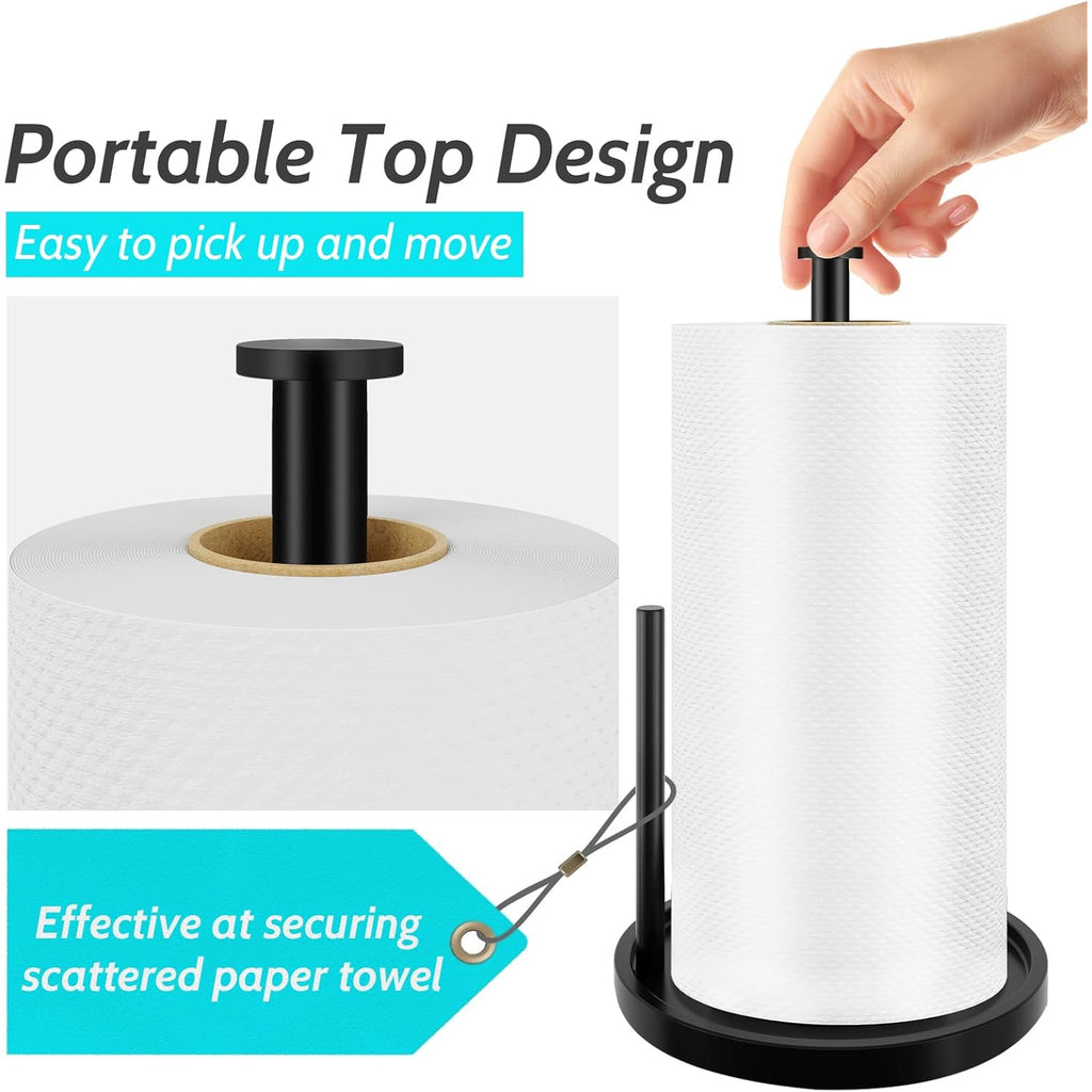 Paper Towel Holder Countertop, Standing Paper Roll Holder with Anti Slip Weighted Base, Stainless Steel Freestanding Paper Towel Holder for Kitchen, Black