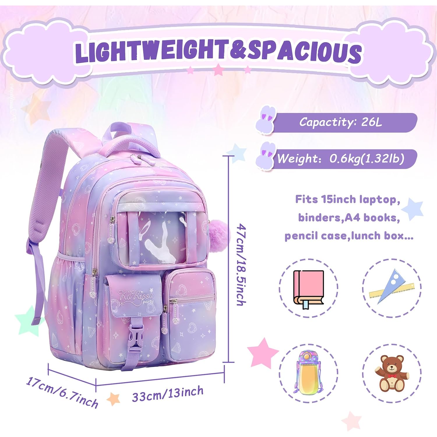 Kids Backpack For Girls - School Bags For Middle School Students - Book Bag For Elementary Primary - Kawaii Ita Backpack - Purple