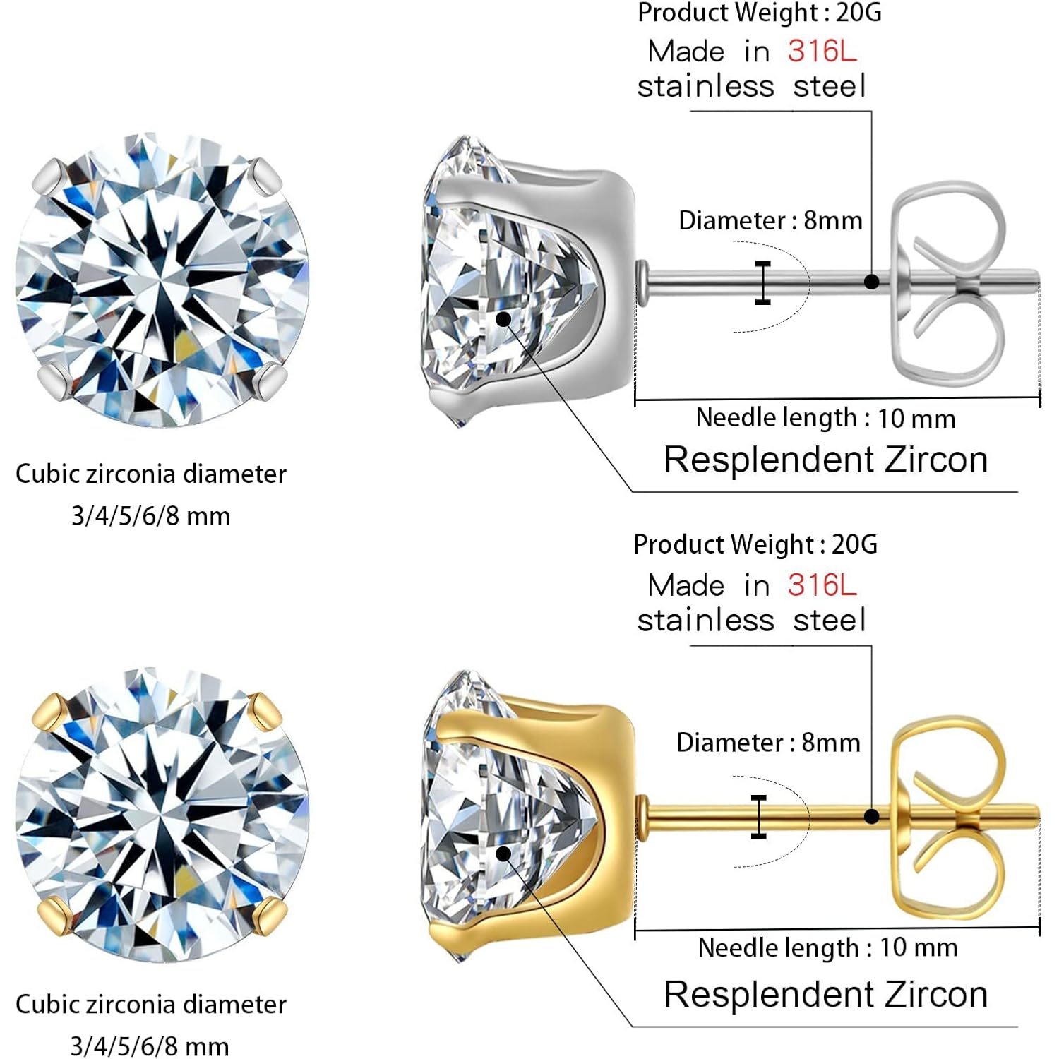 10 Pairs Surgical Steel Stud Earrings Set,14K Gold Plated Hypoallergenic Earrings Studs Set for Women, Stainless Steel Cubic Zirconia Waterproof Non Tarnish