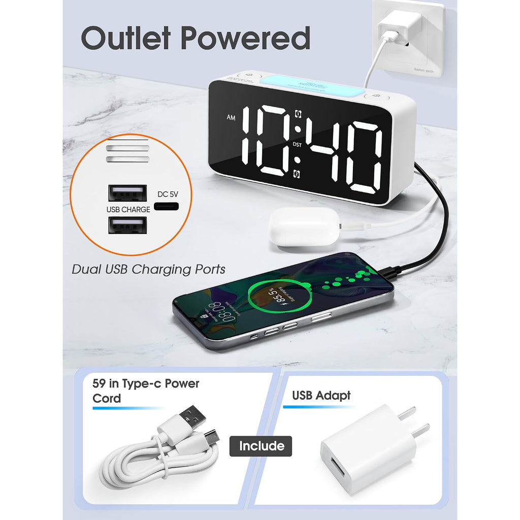 Cadmos 110Db Extra Loud Alarm Clock For Heavy Sleepers Adults, Digital Clock With 7 Color Night Light, Rgb Display, Dual Usb Charger, Small Clocks For Bedrooms, Kids, Teens (White+Rgb)