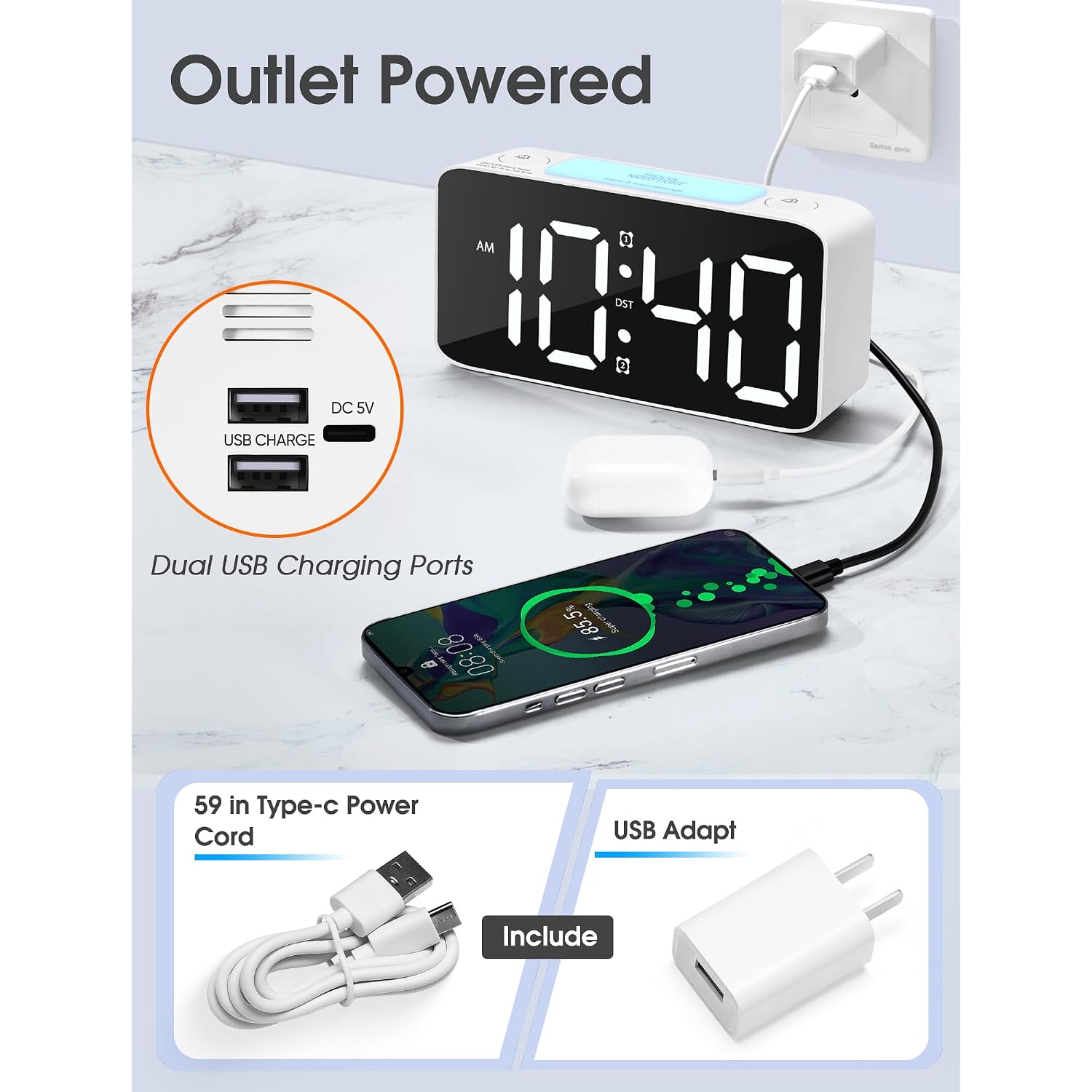 Cadmos 110Db Extra Loud Alarm Clock For Heavy Sleepers Adults, Digital Clock With 7 Color Night Light, Rgb Display, Dual Usb Charger, Small Clocks For Bedrooms, Kids, Teens (White+Rgb)
