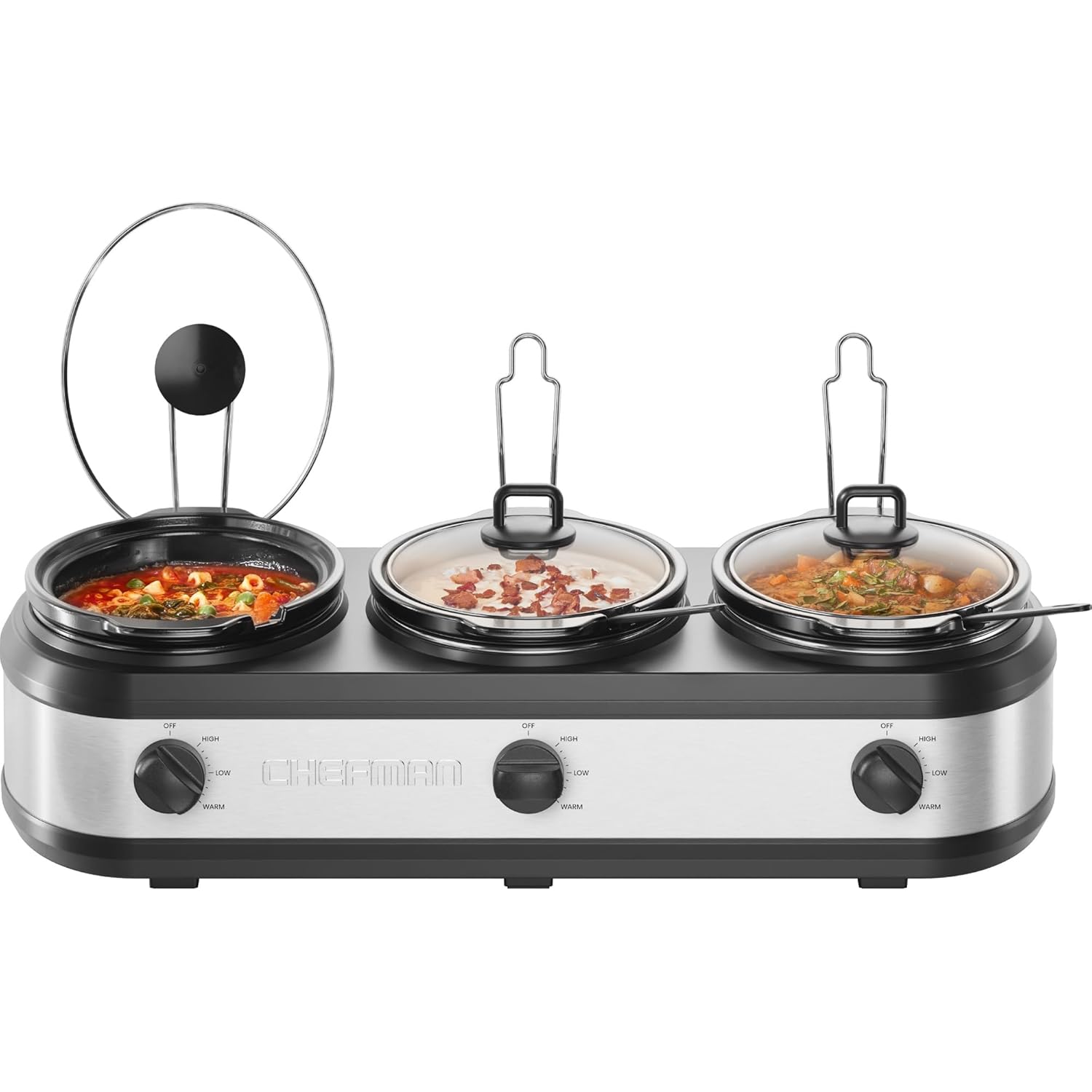 Chefman Triple Slow Cooker & Food Warmer, Three Crock Slowcooker with 2.5 Qt. Ceramic Crocks, 7.5-Quart Total Capacity, PFAS-Free, Three Temperature Settings, Dishwasher-Safe Parts – Stainless Steel