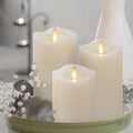 Set Of 3 Flameless Led Flickering Moving Flame Pillars (3X 4.5, 3X5.5, 3X6.5), Real Unscented Wax W/ Melted Edge & Smooth Finish, Aa Battery Operated, Pearl Ivory