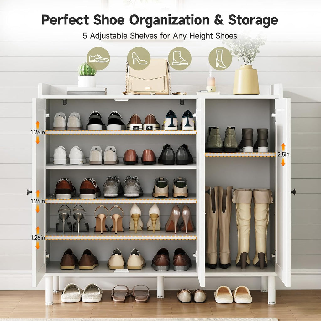 Shoe Cabinet With 3 Doors And Adjustable Shelves, 30 Pairs Shoe Storage Cabinet, 40 Inch Tall Farmhouse Shoe Rack Shoe Organizer Cabinet For Entryway Living Room Closet, White