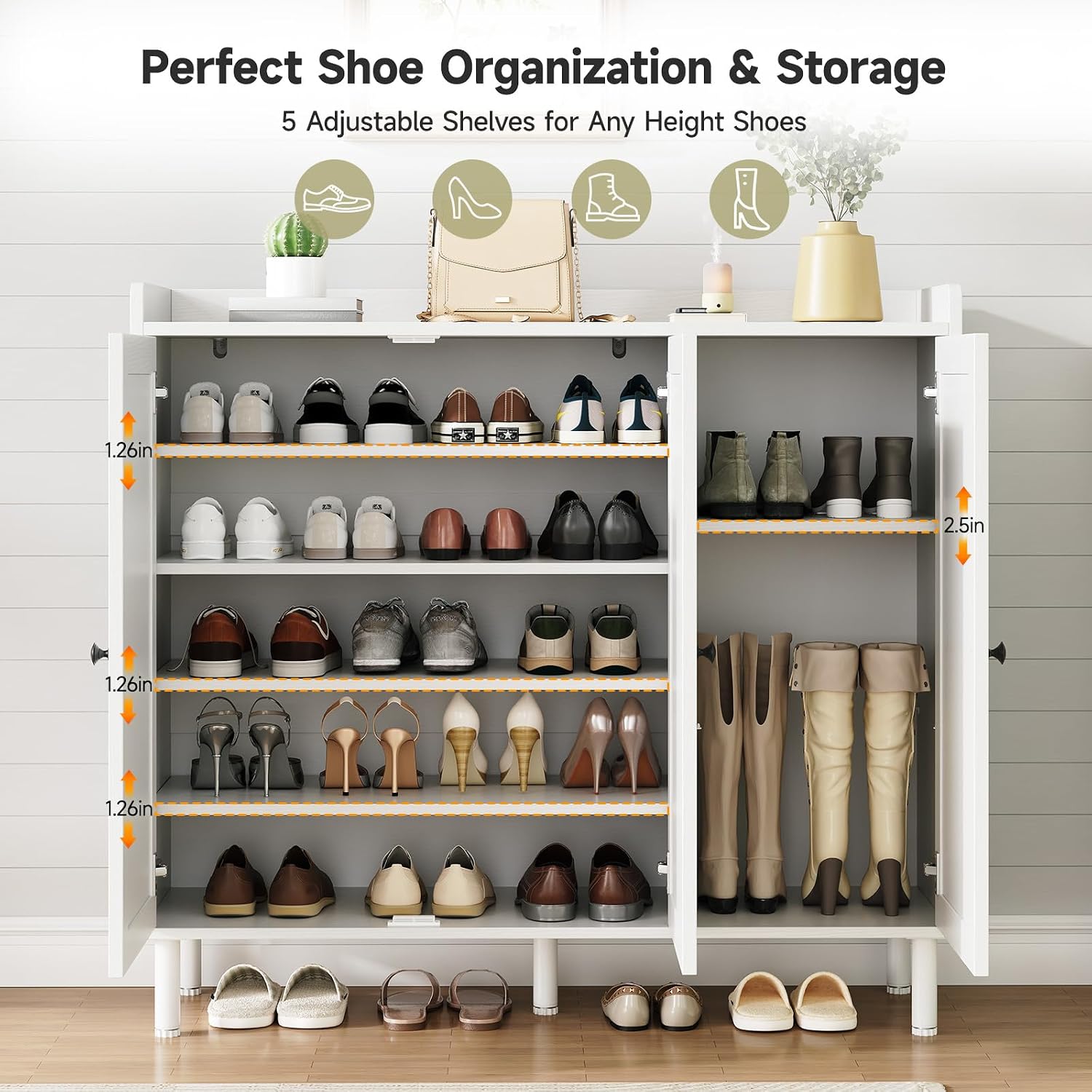 Shoe Cabinet With 3 Doors And Adjustable Shelves, 30 Pairs Shoe Storage Cabinet, 40 Inch Tall Farmhouse Shoe Rack Shoe Organizer Cabinet For Entryway Living Room Closet, White
