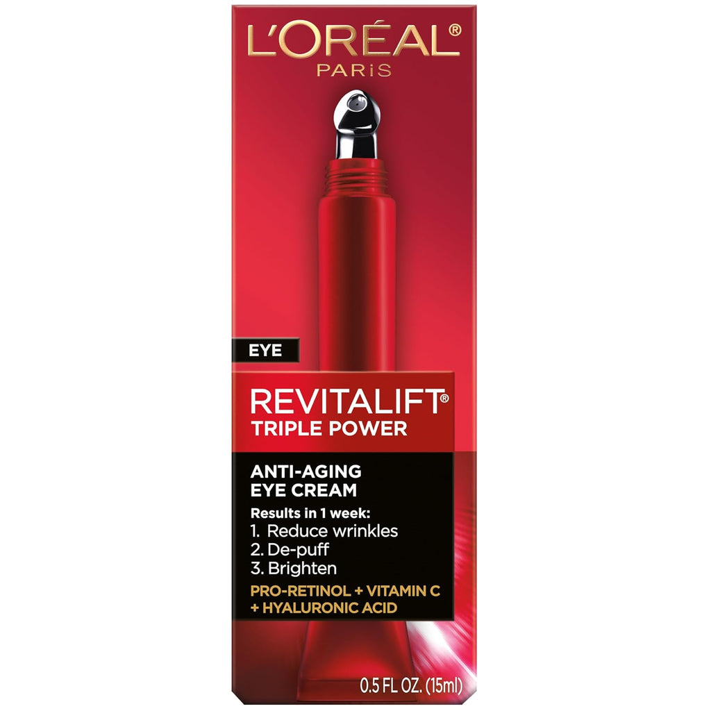 L'Oreal Paris Revitalift Triple Power Anti-Aging Eye Cream, Pro Retinol, Hyaluronic Acid & Vitamin C, Reduce Wrinkles & Puffiness 0.5 Fl. Oz.