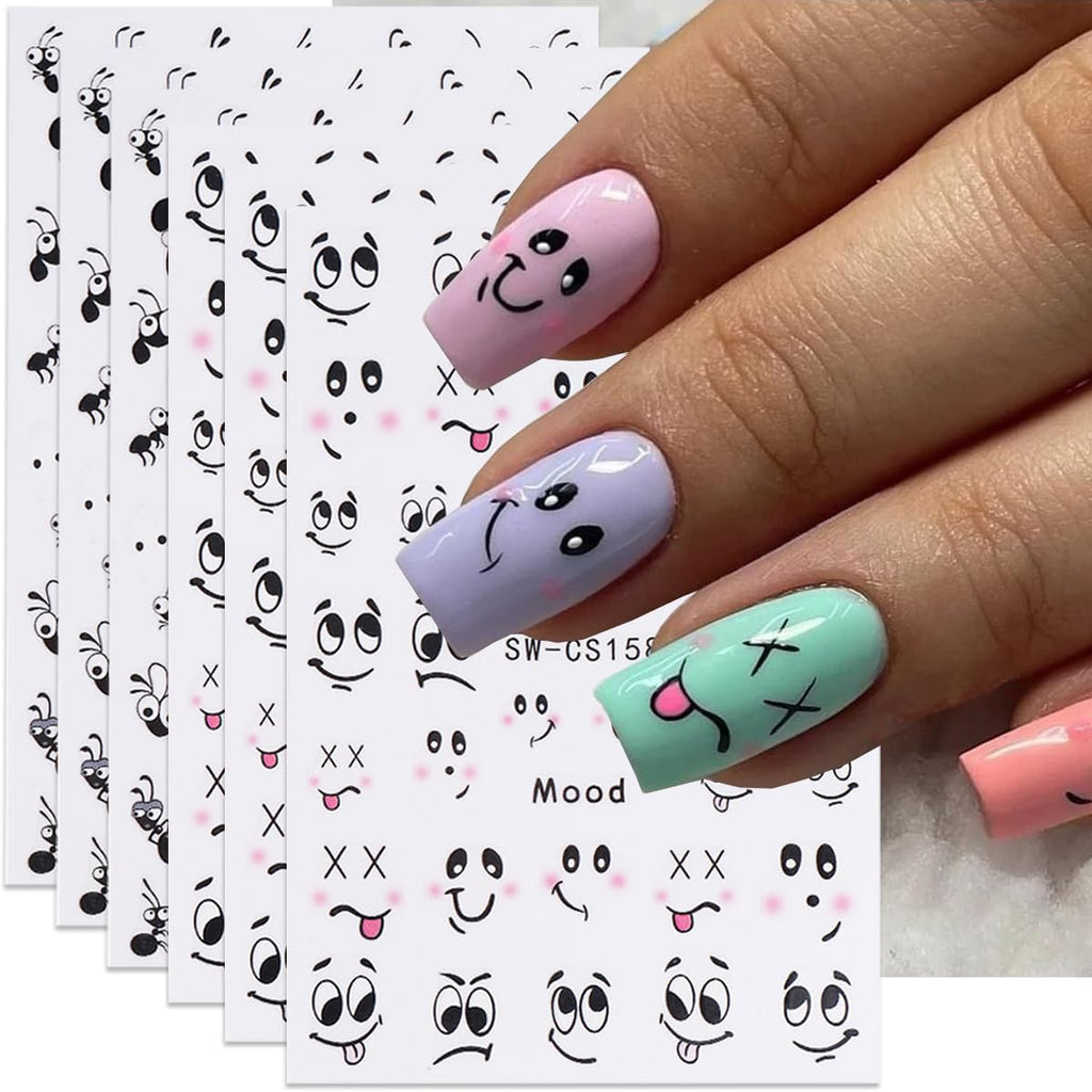 Cute Expression Nail Art Stickers Cute Black Ant Cartoon Nail Decals 6PCS 3D Self-Adhesive Black Ants Face Expression Playful Design Manicure Stickers Gel Polish Sliders for Women DIY Nail Decorations