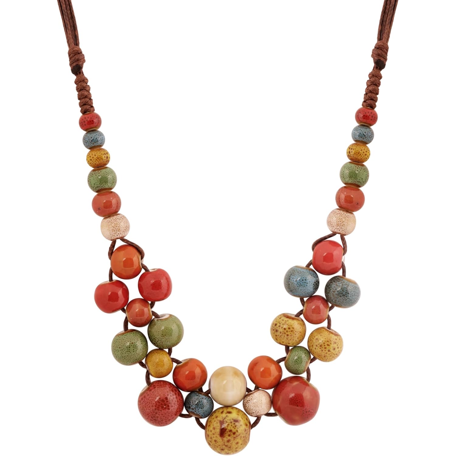 MINACHI Hippie Boho Colorful Ceramic Round Beads Strand Necklace, Bohemian Fashion Statement Jewelry Gift for Women