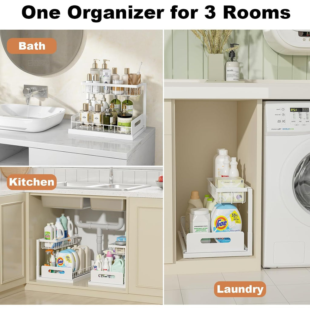 Under Sink Organizer, Pull Out Cabinet Organizer, 2 Tier Metal Slide Out Shelf With L Shaped Design For Kitchen, Bathroom, Laundry, And Utility Cabinet Storage For Deep Cabinets, White, 2 Pack