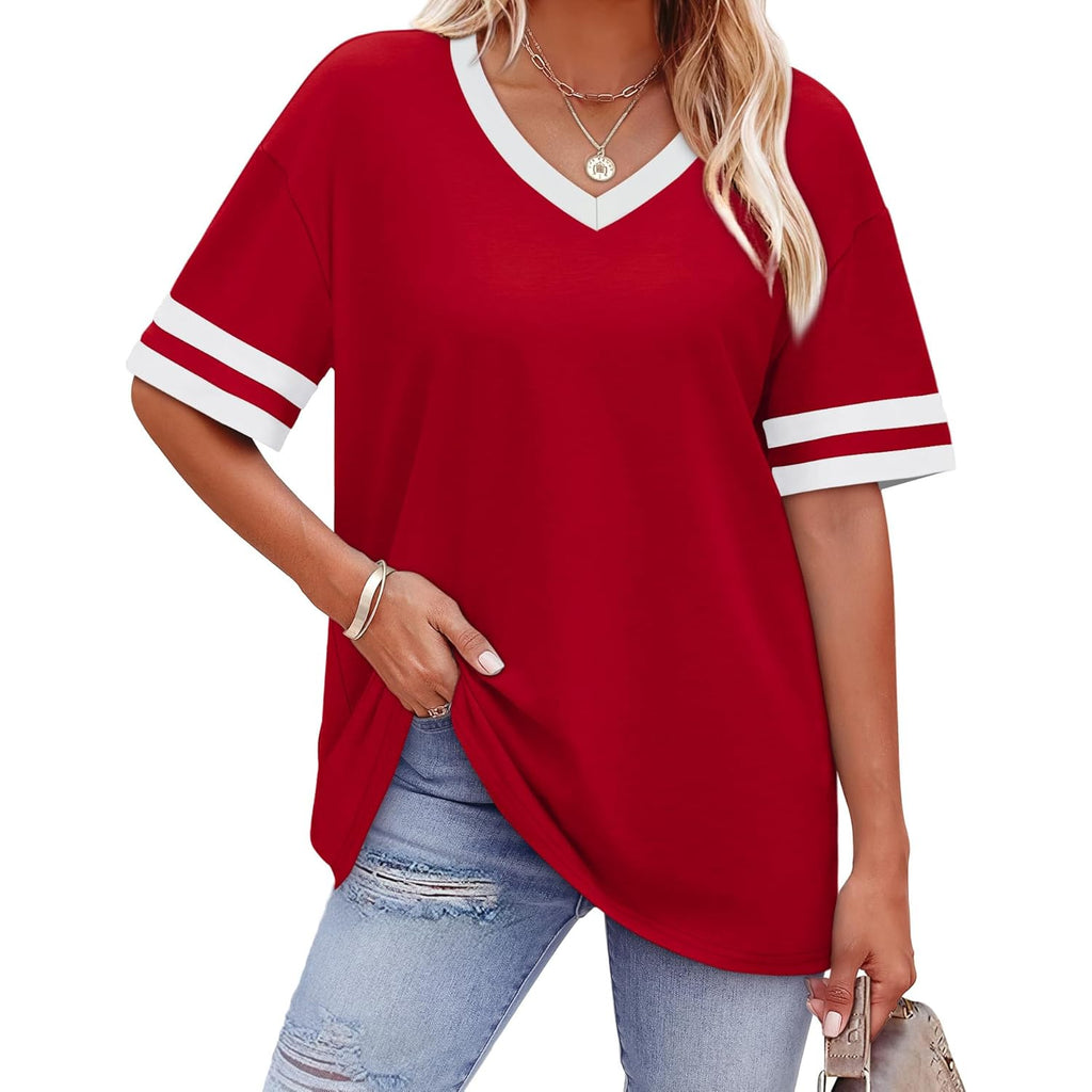 Womens T Shirts Loose Fit Short Sleeve Tees V Neck Color Block Summer Tops 2026 Fashion S-4XL