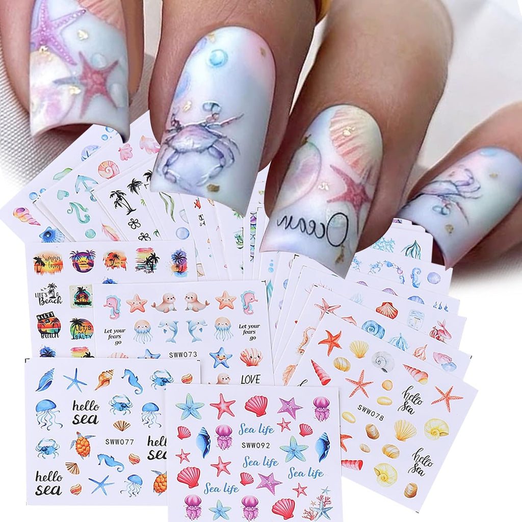 Ocean Nail Stickers Water Decals 24 PCS Marine Life Water Decals for Nails Jellyfish Seashell Turtle Starfish Design DIY Summer Nail Art Decoration Manicure Watermark Supplies for Women
