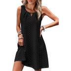 Rumia Swimsuit Coverup For Women Summer Sleeveless Beach Dress | Crew Neck, Pockets, Eyelet, Boho, Above Knee Length, A-Line. Everyday Wear, Sundresses, Cruise Wear, Vacation Essential