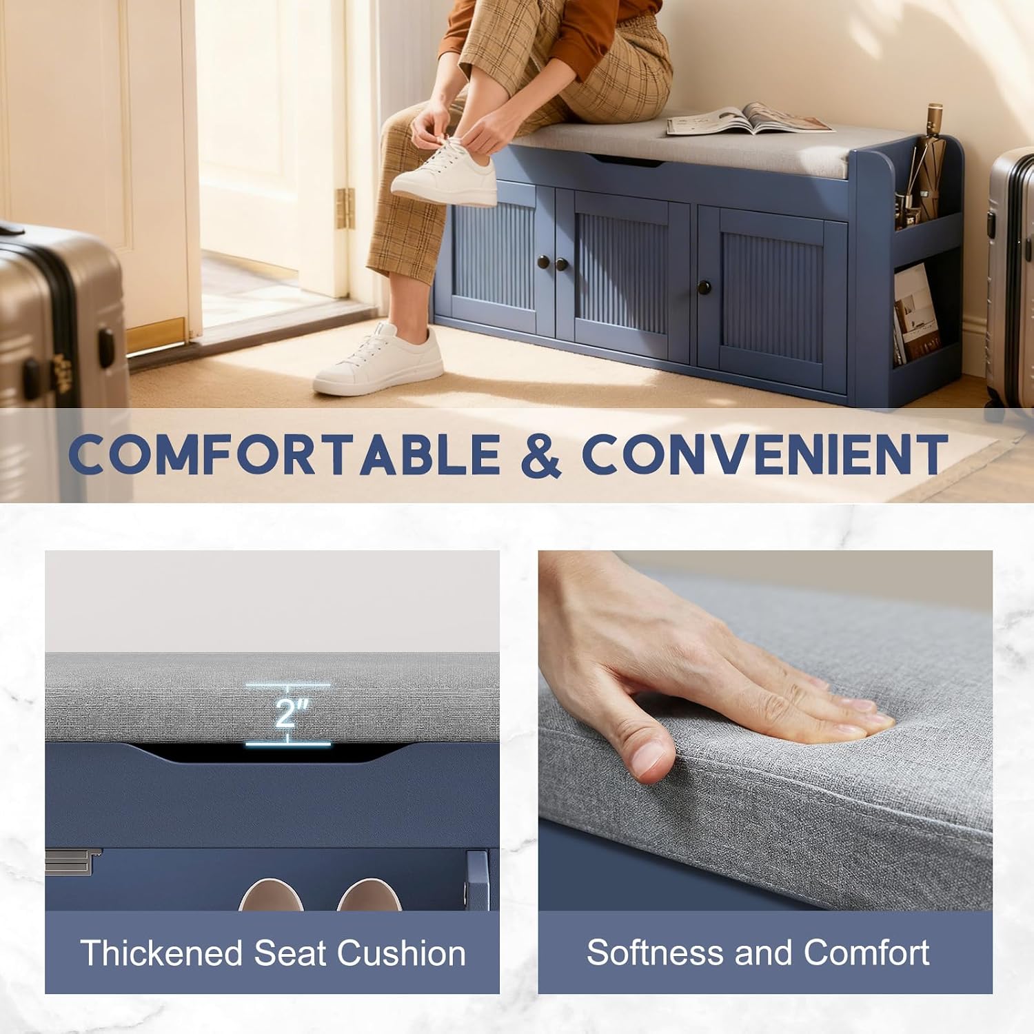 42.6" Storage Bench - Shoe Storage Bench With Side Storage Shelves And 3 Doors, Multifunctional Entryway Bench With Lift Top Cushion, Shoe Bench For Bedroom, Living Room, Entryway, Navy Blue