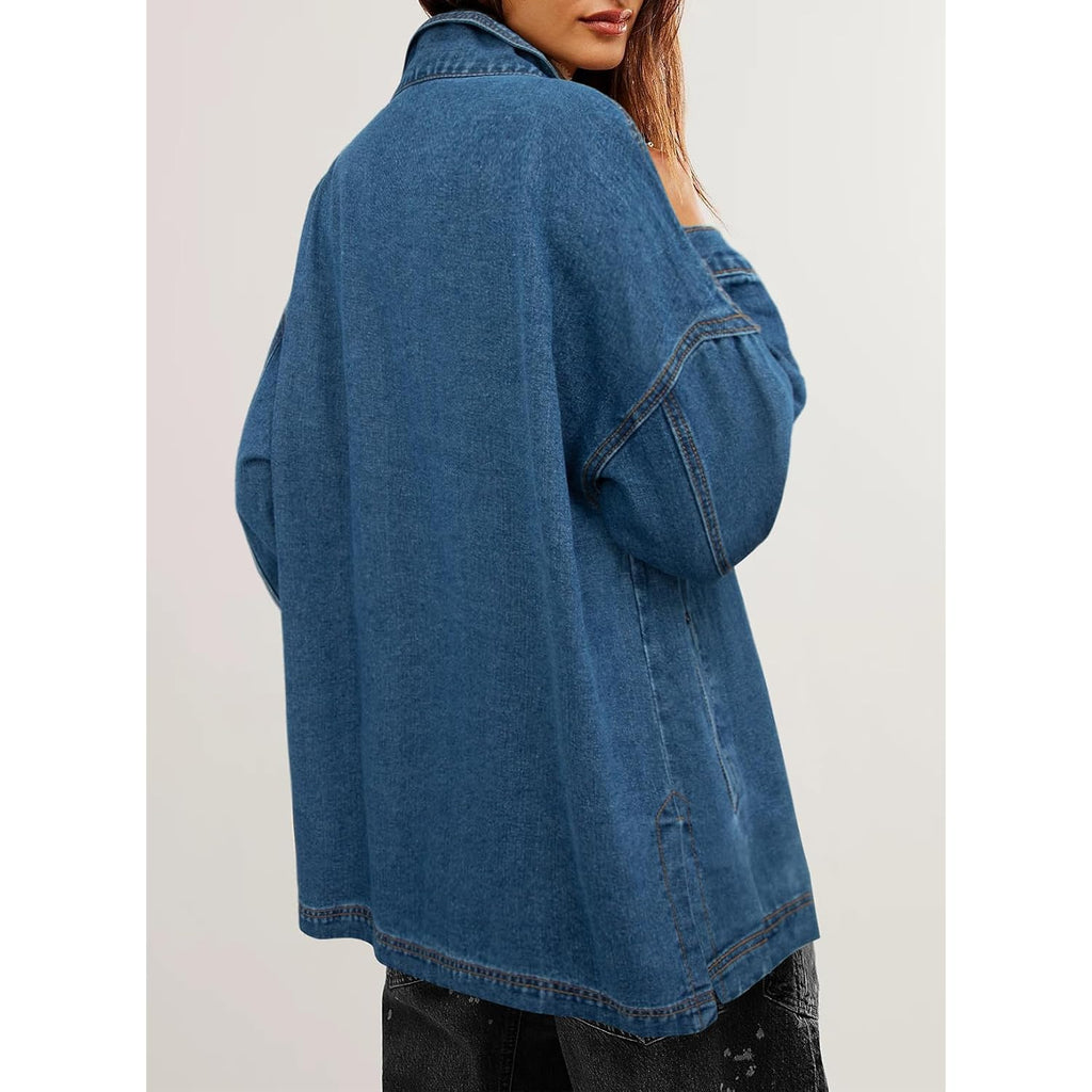 Sidefeel Women'S Jean Jacket Oversized Boyfriend Button Up Long Sleeve Split Zimbaplatinum Denim Jackets