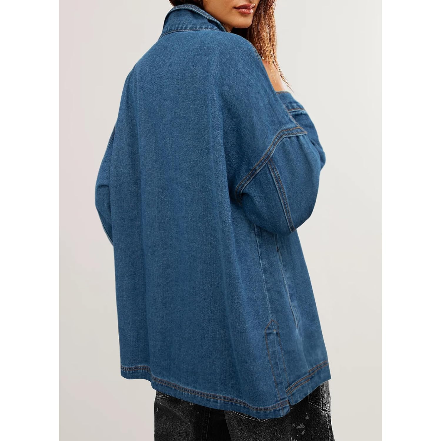 Sidefeel Women'S Jean Jacket Oversized Boyfriend Button Up Long Sleeve Split Zimbaplatinum Denim Jackets
