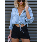 Kwoki Women'S Cropped Denim Shirt Casual Oversized Button Down Jean Tops | Roll Up 3/4 Sleeve, Casual Loose Crop Tops, Adjustable Drawstring Hem, Button Front, Crop Jean Jacket,Lightweight Denim Top