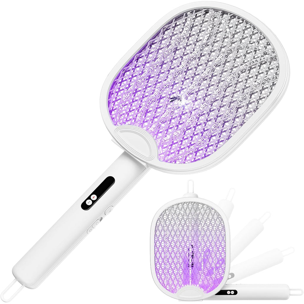 Electric Fly Swatter 4000V Bug Zapper Racket With 1800Mah Rechargeable Battery 5-Layer Safety Mesh Dual Modes 180° Foldable Ideal For Indoor Or Outdoor Use (White)