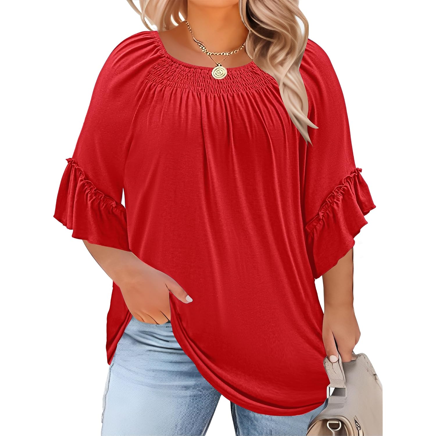 Micoson Womens Plus Size Tops 3/4 Ruffle Sleeve Shirts Crewneck Pleated Blouses Dressy Casual Fashion Tunic Top (1X-5X)