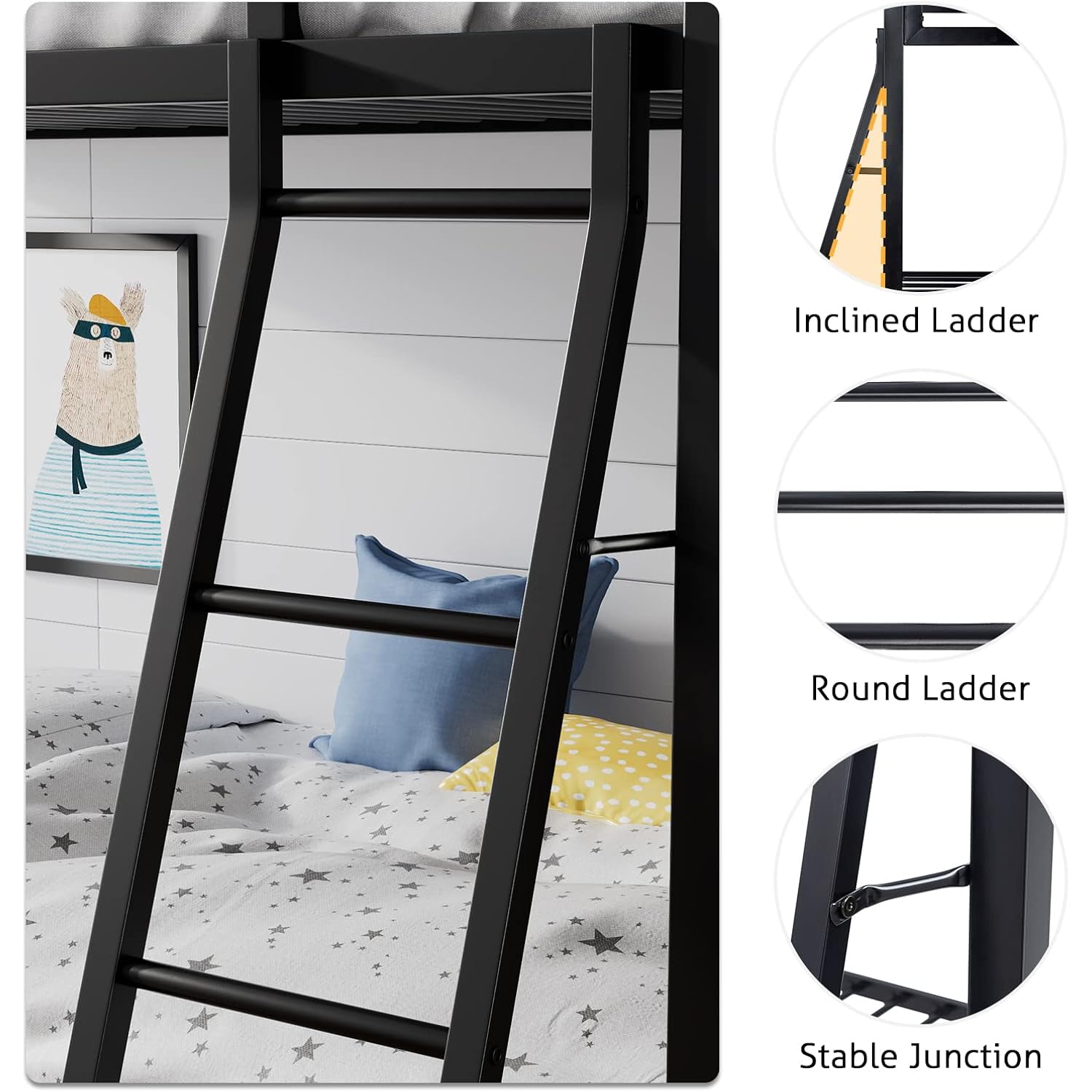 Sha Cerlin Bunk Bed Twin Over Twin Size With Ladder And Guardrail,Black
