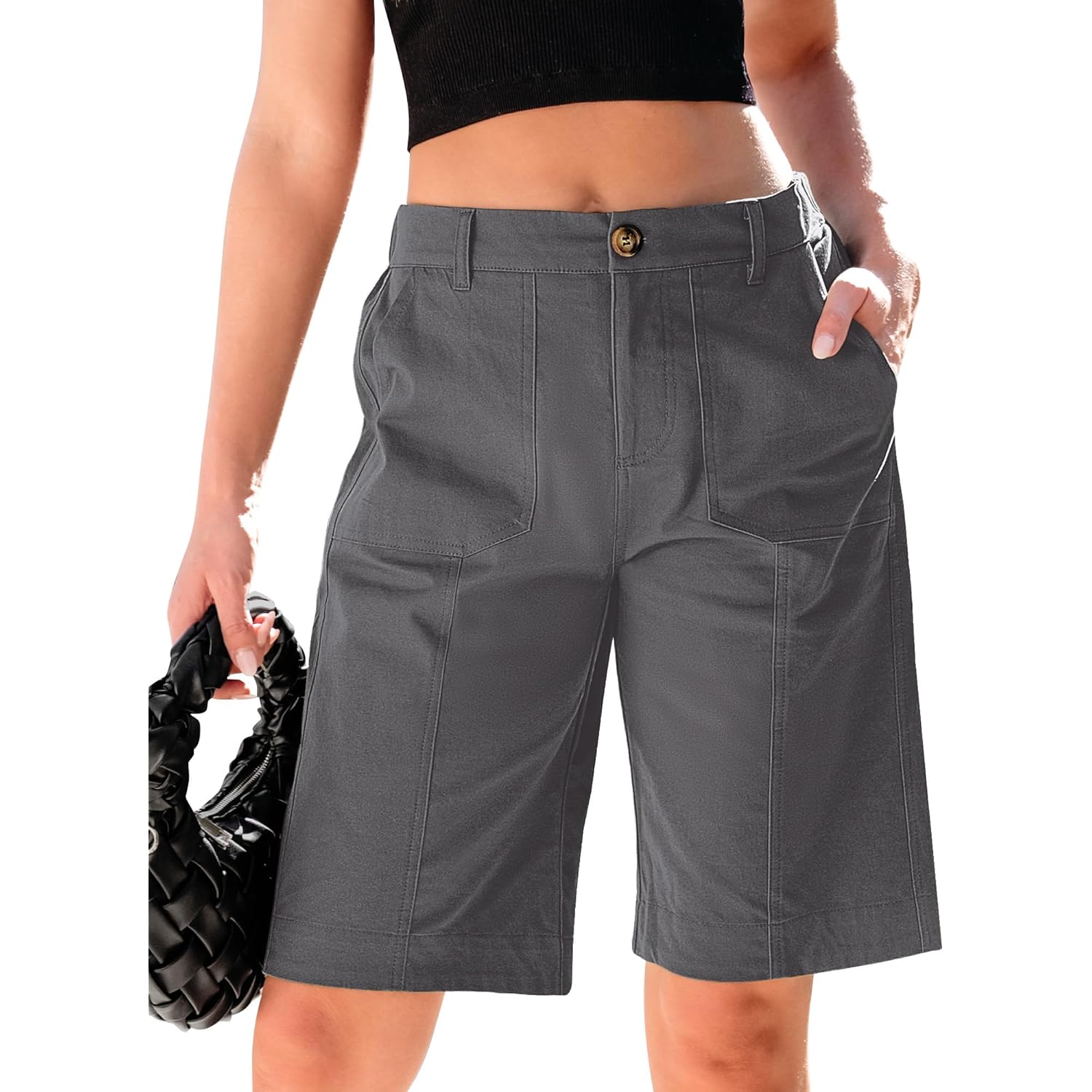 Bermuda Shorts for Women Knee Length High Waisted Cotton Elastic Waist Summer Dressy Casual Long Chino Shorts