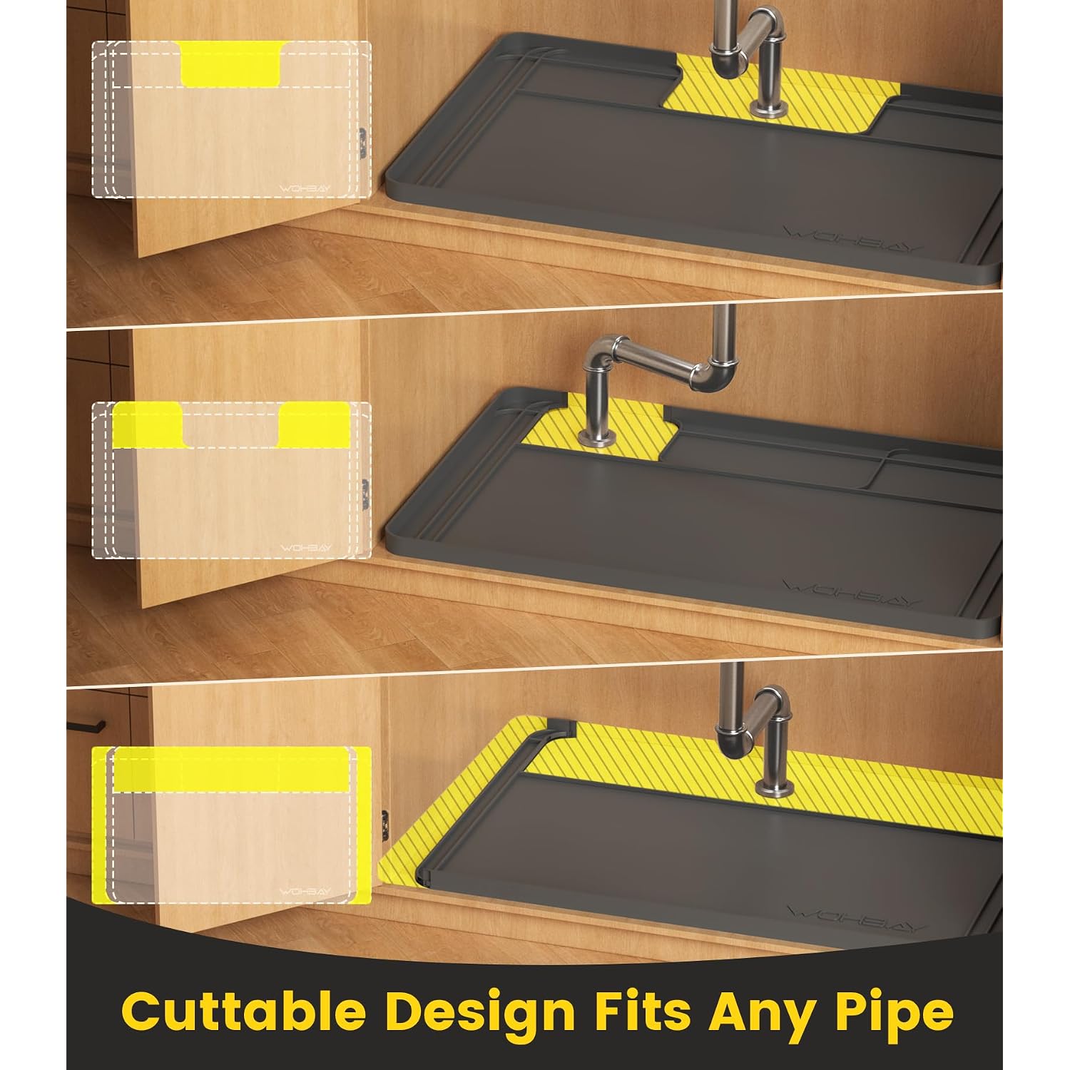 Under Sink Mats For Kitchen Waterproof, 34" X 22" Or Smaller Cut To Fit Under Sink Drip Tray For Kitchen Bathroom Cabinets, Silicone Liner Hold Up To 3.3 Gallons Liquid - Grey