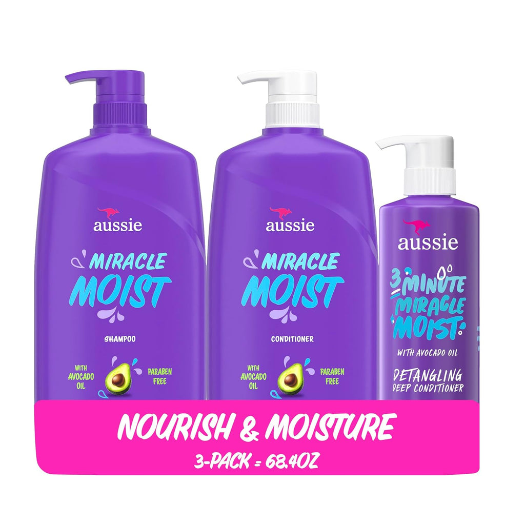 Aussie Miracle Moist Shampoo And Conditioner With 3 Minute Miracle Deep Conditioner, Avocado & Jojoba Oil, Paraben-Free, Moisturizes & Detangles, All Hair Types, Citrus Floral Scent, 3 Pack 68.4 Fl Oz