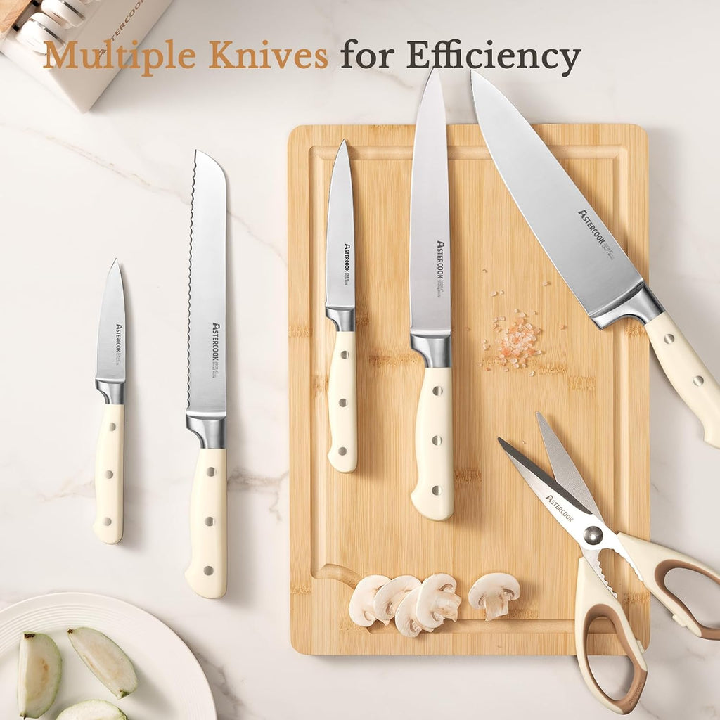 Knife Set,Astercook Kitchen Knife Set With Block 14-Piece Full Tang Stainless Steel Knives With Sharpener Dishwasher Safe And Anti-Slip Ergonomic Handle Utensils Set