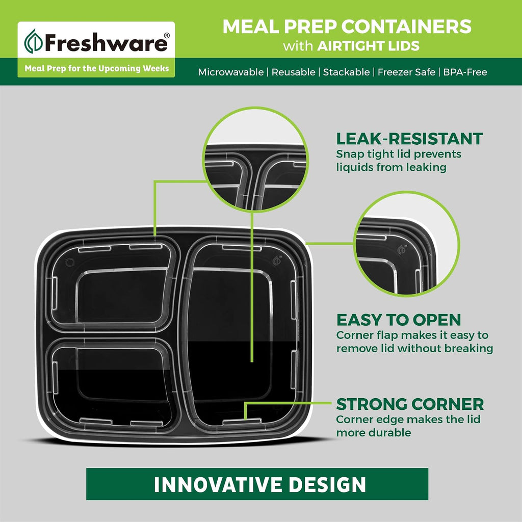Freshware Meal Prep Containers [50 Pack] 3 Compartment Food Storage Containers With Lids, Bento Box, Bpa Free, Stackable, Microwave/Dishwasher/Freezer Safe (24 Oz)