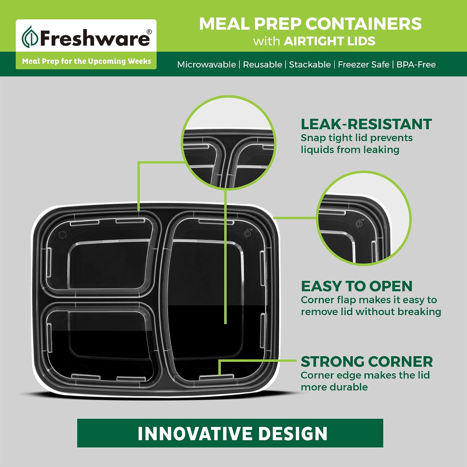 Freshware Meal Prep Containers [50 Pack] 3 Compartment Food Storage Containers With Lids, Bento Box, Bpa Free, Stackable, Microwave/Dishwasher/Freezer Safe (24 Oz)