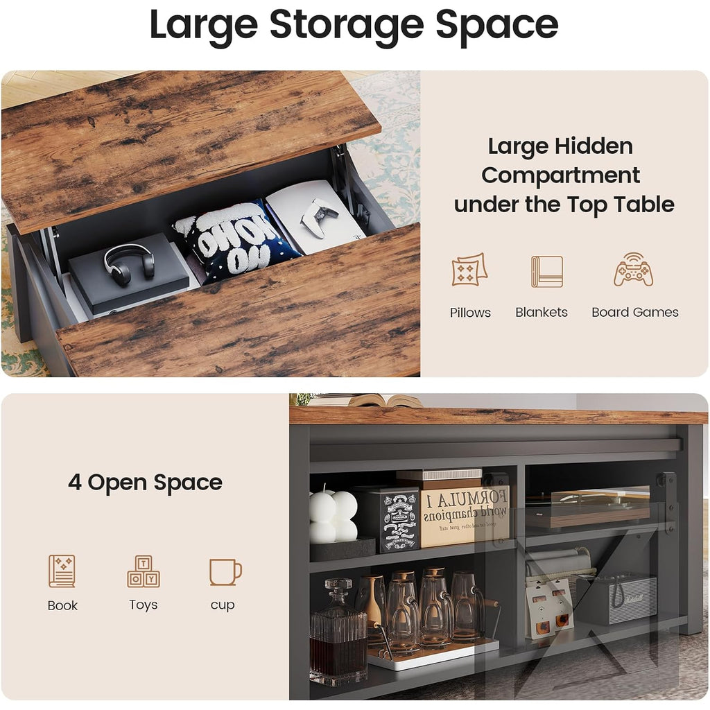 Sedeta 31.5" Lift Top Coffee Table With Storage, Square Coffee Tables For Living Room, Farmhouse Coffee Table With Large Hidden Storage Compartment And Adjustable Shelves, Black
