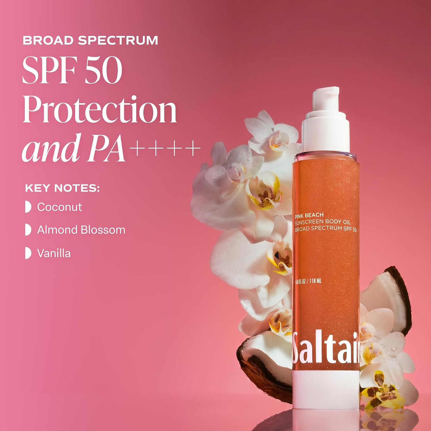 Saltair Spf Body Oil - Broad Spectrum Spf 50 Pa++++ Sunscreen. Lightweight Dry Oil With Sun Protection And Moisturizing Kukui & Mongongo Extracts. Pink Beach Scent, 4Floz Vacation Essential