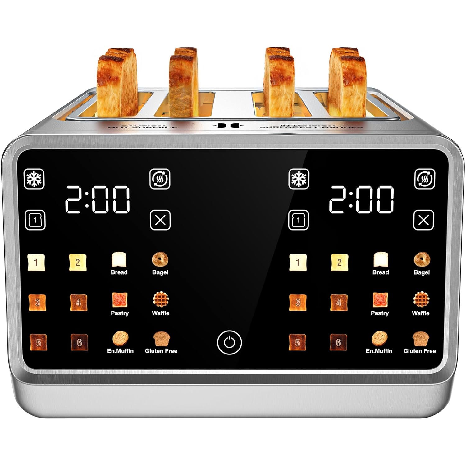 4 Slice Toaster With Dual Touchscreen, 1800W Stainless Steel Dual Zone Independent Control Extra Wide Slot 1.5 Inch, Smart Breadid Timer For Bagel Waffle, Kitchen Essentials