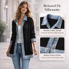 Womens Denim Patchwork Collared Shirt Jacket, Denim Trimmed Sweater Jacket Loose Button Down Long Sleeve Shacket